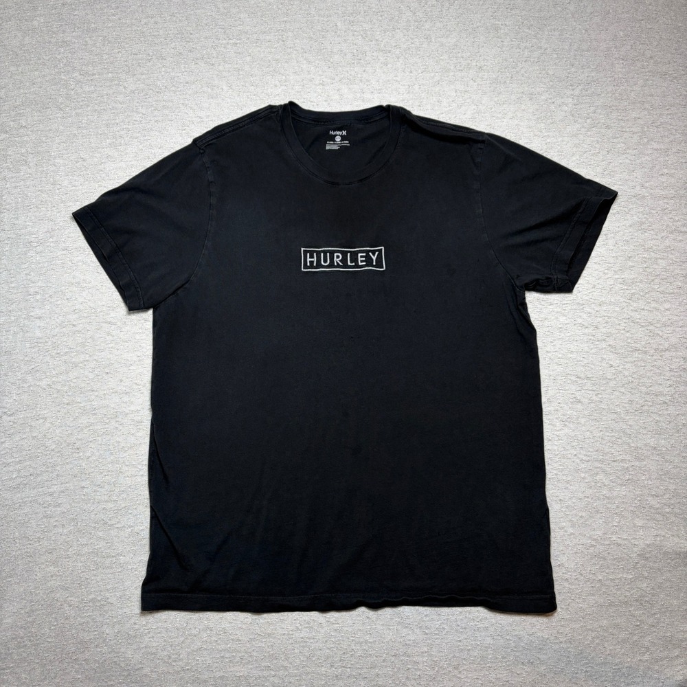 Hurley‎ Mens T-Shirt XXL Black Embroidered Box Logo Short Sleeve Cotton Surf Tee